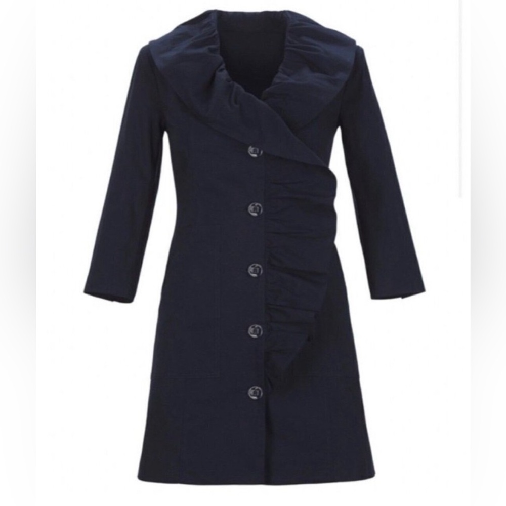 CAbi #6024 POSE Navy Blue Ruffle Front Button Up Coat Jacket Size Small S